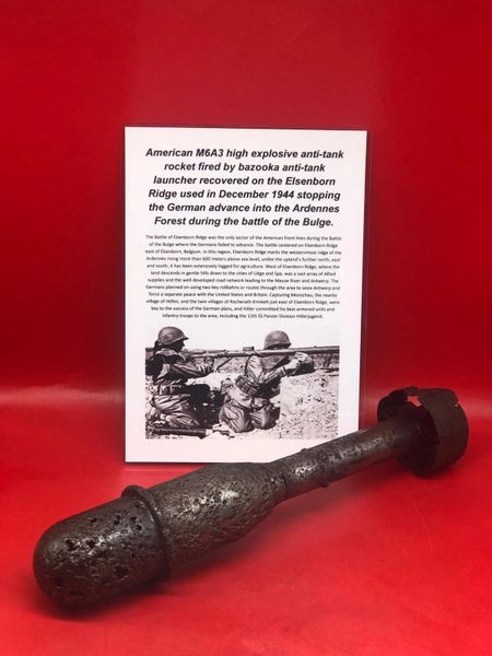 Very rare American M6A3 high explosive anti-tank rocket fired by bazooka anti-tank rocket launcher recovered years ago from woods near the Elsenborn Ridge in the Ardennes Forest the battle of the bulge 1944-1945