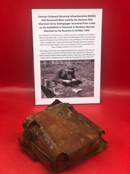 Fantastic rare German Carboard Schumine Schuetzenmine M43(S) Anti-Personnel Mine with some original markings used by the German 20th Mountain Army Gebirgsjager recovered from a lake on the battlefield in Finnmark in Northern Norway 1944-1945.