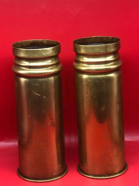 Match pair of chimney design Trench art German 77mm brass shell cases for the 7.7 cm Feldkanone 96 both dated 1917-1918,lovely condition no real damage even on the inside found on the Somme battlefield 1916-1918