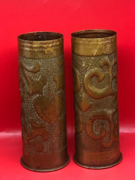 Matching pair of embossed flower design Trench art German 77mm brass shell cases for the 7.7 cm Feldkanone 96 both dated 1915-1917,lovely condition no real damage even on the inside found on the Somme battlefield 1916-1918