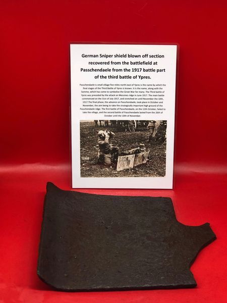 German sniper shield corner section blown apart in an explosion recovered from the battlefield at Passchendaele from the 1917 battle part of the third battle of Ypres