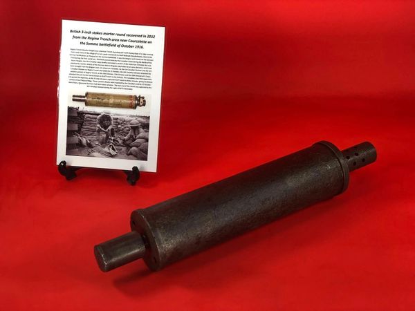 British 3 inch stokes mortar round lovely clean relic some original paintwork and some maker markings recovered in 2012 from the Regina Trench near Courcelette on the Somme battlefield of October 1916