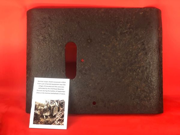 German sniper shield with some original black paintwork nice solid condition relic recovered 2014 from pit of buried equipment near the village of Gueudecourt defended by the 2nd Royal Bavarian Division during the battles of September 1916 on the Somme