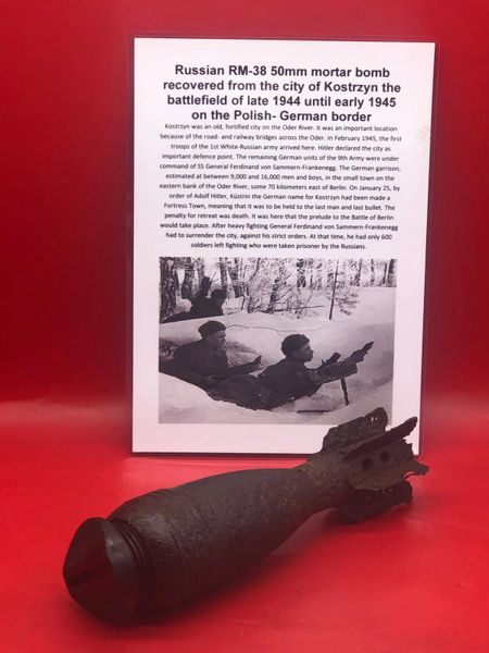 Russian RM-38 50mm mortar bomb with bakerite plug nice condition relic recovered near the city of Kostrzyn the battlefield of late 1944 until early 1945 on the Polish- German border