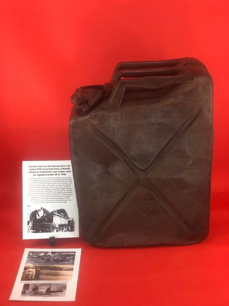 Rare early pattern German fuel can the famous jerry can dated 1939 recovered from Luftwaffe airfield at Audembert near Calais used in battle of Britain 1940 by Jagdeschwader 26 the unit commanded by Adolf Galland, remained a fighter base until 1944