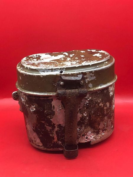 German soldiers aluminium mess tin with black and green paintwork used by German soldier of 212 Volksgrenadier-Division recovered near town of osweiler, Luxemburg from the battle of the Bulge 1944-1945