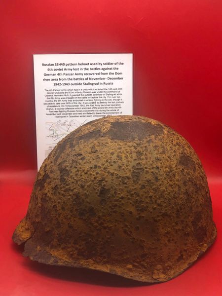 Russian soldier of the 6th soviet Army SSH40 pattern helmet near complete shell solid relic with green paint remains recovered on the Dom river the area of the Italian mountain Division defended by them in January 1943 during the battle of Stalingrad