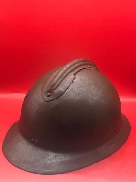 French Army M26 Adrian helmet no badge with original paintwork complete with its leather chin strap and leather liner found in Bruges from the battle of Belgium the May in 1940