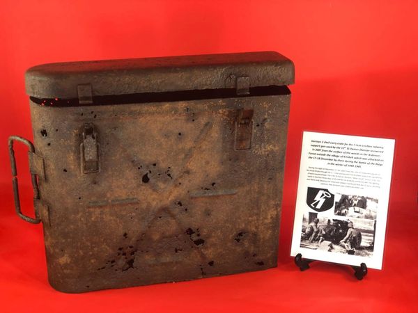 German 3 shell carry crate for the 7.5cm leichtes infantry support gun very relic but solid condition used by the 12th SS Panzer Division recovered in 2007 in the Ardennes Forest, village of Krinkelt, attacked by them during the Battle of the Bulge