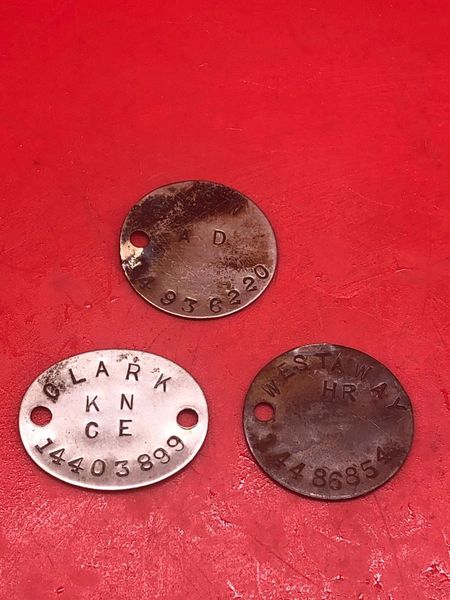 3 British soldiers complete dog tags aluminium made nice clear markings these were manufactured in 1945 for soldiers who were being sent out to the far East against Japan but were not sent because of atomic bombs being dropped