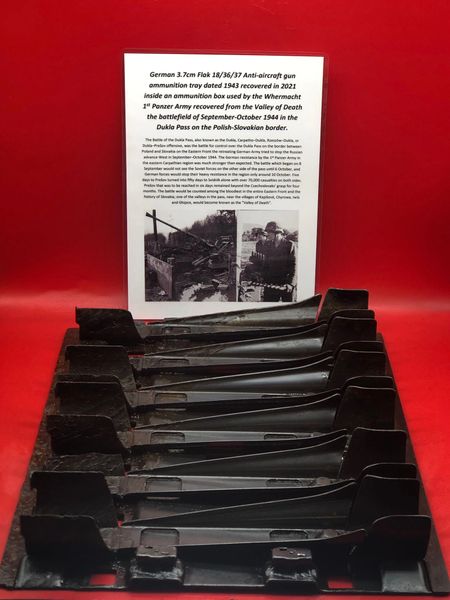 German 3.7cm Flak 18/36/37 anti-aircraft gun ammunition tray fantastic condition waffen stamped,dated 1943 recovered in 2021 used by the Whermacht 1st Panzer Army recovered from Valley of Death the battlefield of September-October 1944 in the Dukla Pass