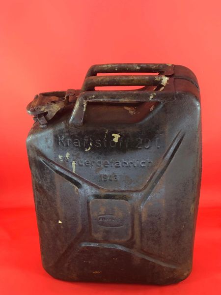German Fuel can the famous Jerry can maker marked dated 1943,original black paintwork but has blown out and partly miss shaped, recovered from village of Plota near Prokhorovka on the battlefield at Kursk 1943 in Russia