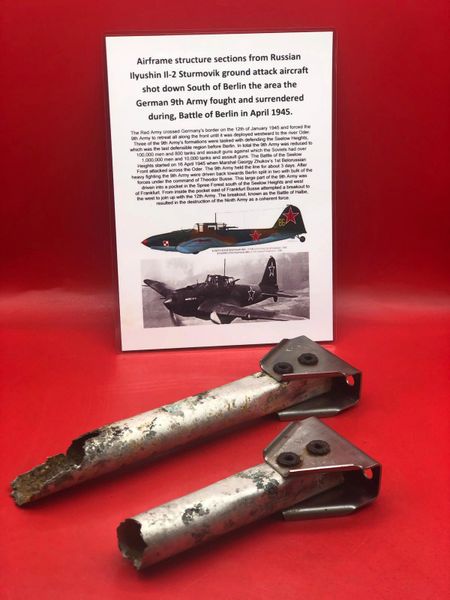 2 Airframe structure sections with part numbers very well cleaned from a Russian il-2 Sturmovik ground attack aircraft shot down over the Reich recovered South of Berlin in the area the German 9th Army fought, surrendered in April 1945