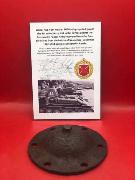 Complete wheel hub from Russian 6th Soviet Army SU76 self propelled gun which is a nice solid relic recovered on the Dom river the area of the Italian mountain Division defended by them in January 1943 during the battle of Stalingrad