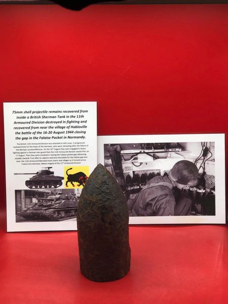 75mm shell projectile remains recovered from inside a British Sherman Tank,11th Armoured Division destroyed in fighting,recovered from near village of Habloville the battle-16-20 August 1944,Falaise Pocket,Normandy.