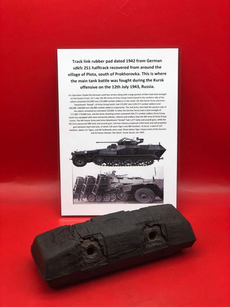 Track link rubber pad with maker markings dated 1941 from German sdkfz 251 halftrack recovered from near the village of Plota near Prokhorovka on the battlefield at Kursk 1943 in Russia
