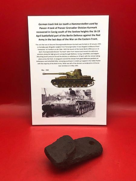Track link ice tooth a Hammerstollen a complete relic used by German panzer 4 tank in Panzer grenadier division Kurmark recovered in Carzig south of the Seelow heights the 16-19 April 1945 battlefield