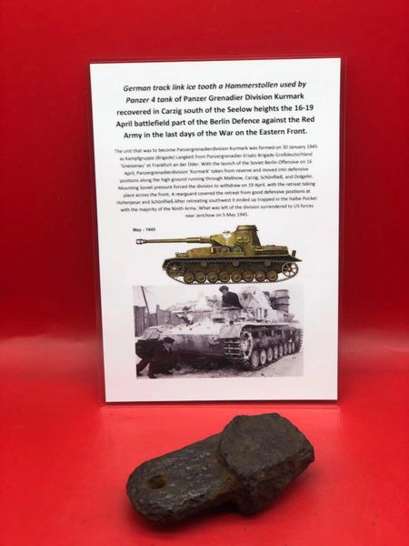 Track link ice tooth a Hammerstollen a complete relic used by German panzer 4 tank in Panzer grenadier division Kurmark recovered in Carzig south of the Seelow heights the 16-19 April 1945 battlefield