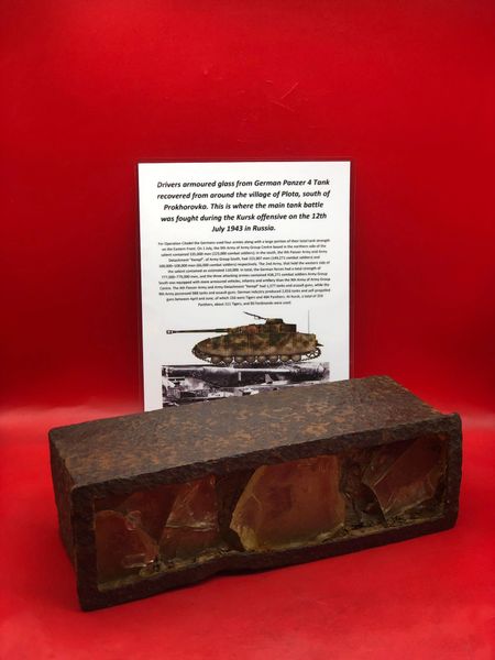 Drivers armoured glass vision block with glass remains used by German Panzer 4 tank recovered from Plota, near Prokhorovka on the battlefield at Kursk in Russia 1943