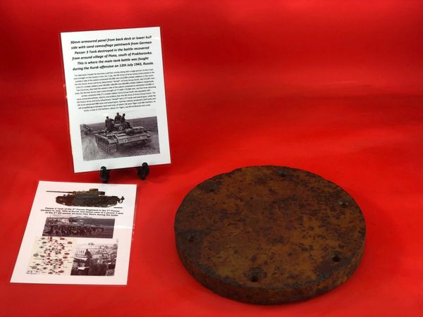 30mm armoured panel from back deck or lower hull side with sand camouflage paintwork from destroyed German Panzer 3 Tank mark J-N recovered from near the village of Plota near Prokhorovka on the battlefield at Kursk 1943 in Russia