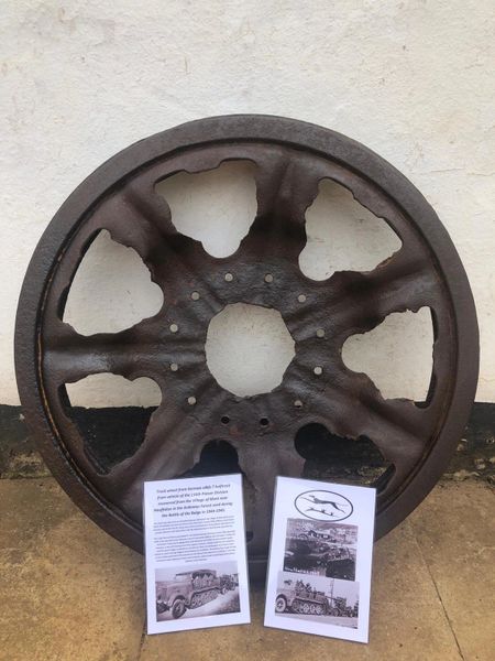 Track wheel relic condition with its tyre heavily used post war from German sdkfz 7 half track of the 116th Panzer Division recovered from near Houffalize in the Ardennes forest 1944-1945
