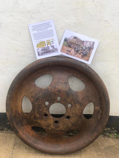 Rare condition to find wheel from RSO artillery tractor fantastic condition lovely lots of original sand colour paintwork recovered from Monte Cassino Italian battlefield of 1944 from a local museum which closed down in 2015