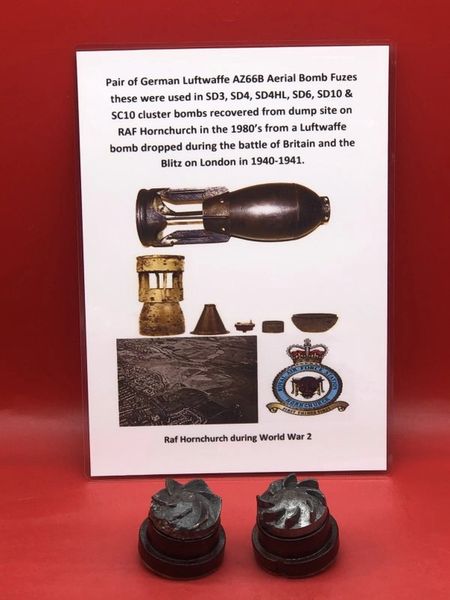 Pair of German Luftwaffe AZ66B aerial bomb fuses in many cluster bombs recovered from dump site on RAF Hornchurch in the 1980’s from a Luftwaffe bomb dropped during the battle of Britain and the Blitz on London in 1940-1941.