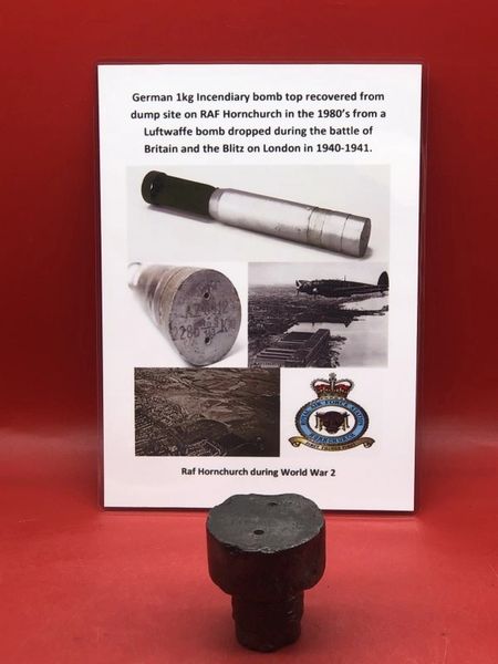 German 1kg Incendiary Bomb Top with some maker markings recovered from dump site on RAF Hornchurch in the 1980’s from a Luftwaffe bomb dropped during the battle of Britain and the Blitz on London in 1940-1941.
