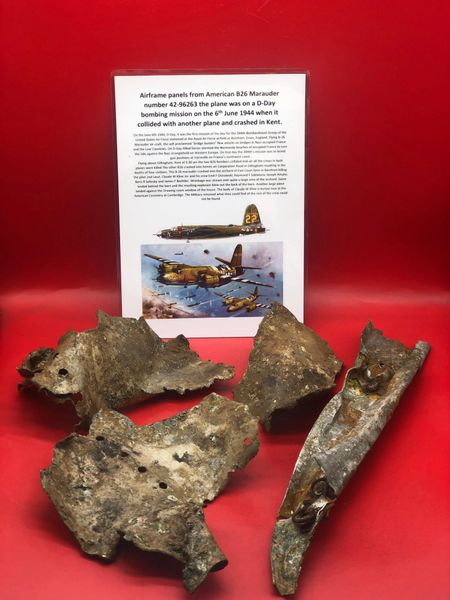 Aluminium airframe sections with white-cream paint remains from American B26 Marauder number 42-96263 shot down on D-Day 6th June 1944 it crashed at Gillingham in Kent