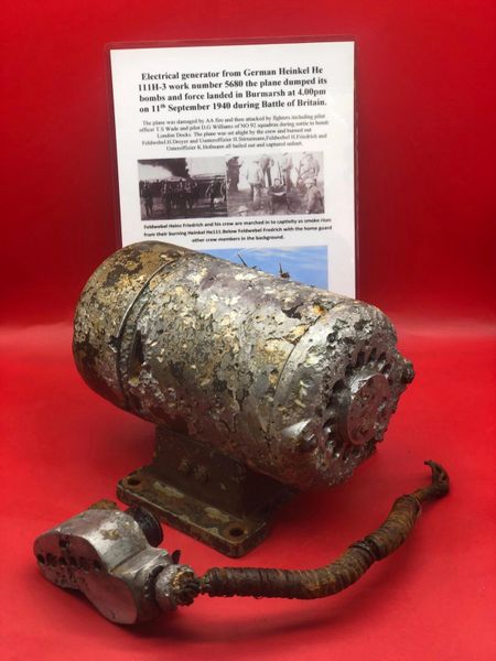 Electrical generator with camouflage paintwork remains from German Heinkel He 111H-3 work number 5680 the plane dumped its bombs and force landed in Burmarsh at 4.00pm on 11th September 1940 during Battle of Britain