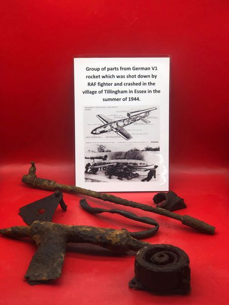 Group of metal parts from V1 Rocket which was shot down and crashed into the Village of Tillingham in Essex sometime in the late summer of 1944.