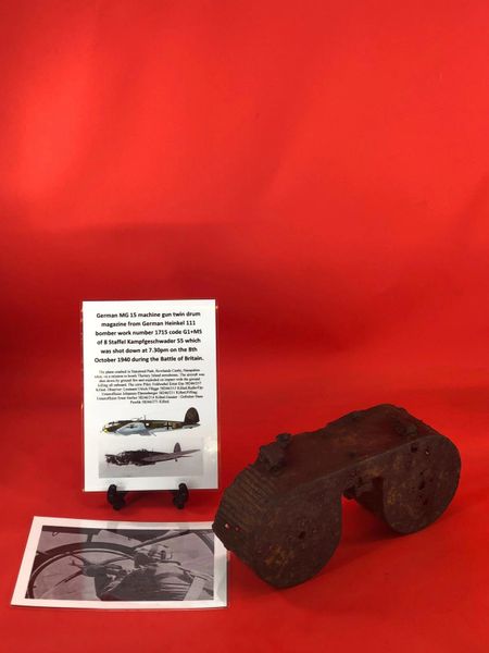German MG15 machine gun drum magazine nice solid relic condition from German Heinkel 111 bomber work number 1715 code G1+MS of 8 Staffel Kampfgeschwader 55 shot down 8th October 1940 and crashed in Hampshire