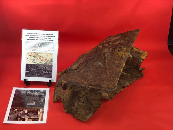 Rare battle damaged with impact holes German 1st Pattern double maxim machine gun ammunition tin relic condition recovered in 2020 from the River Ancre at Beaumont-Hamel on the July-November 1916 battlefield on the Somme