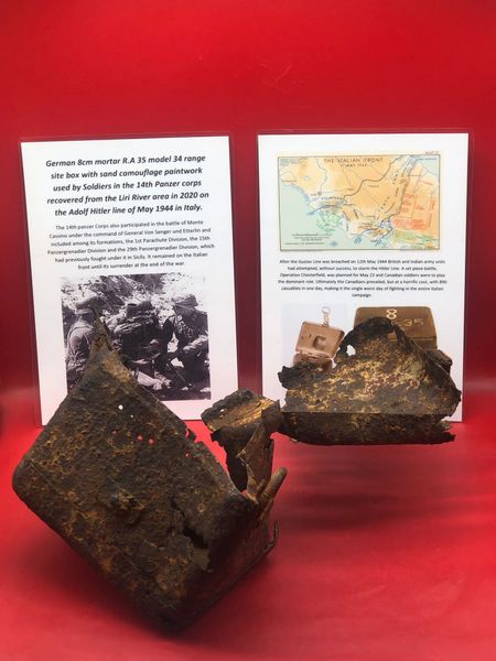 German 8cm Mortar model 34 range site box with sand camouflage paintwork remains and has wooden holder inside used by Soldiers in the 14th Panzer corps recovered from the Liri River in 2020 on the Adolf Hitler line of May 1944 in Italy.