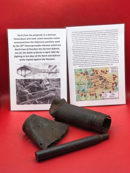 German Panzerfaust anti-tank rocket launcher projectile parts nice solid relic condition used by soldiers of the 20th Panzergrenadier Division recovered near Potsdam,battle of Berlin in April 1945