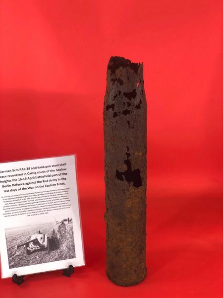 German 5cm pak 38 anti tank gun relic steel shell case used by soldiers of Panzer Grenadier Division Kurmark recovered in Carzig south of the Seelow heights the 16-19 April 1945 battlefield