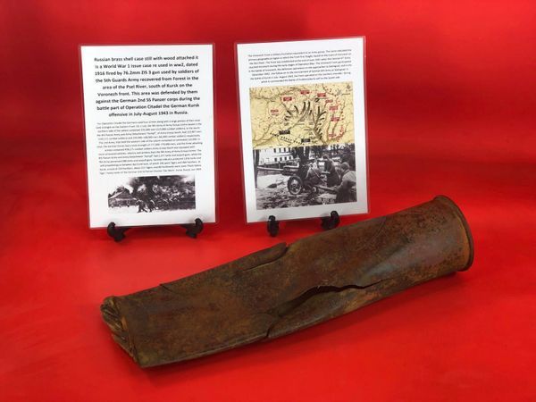 Russian 76.2mm ZIS 3 anti-tank gun brass shell case with wooden tree chunk attached recovered from Psel River,south of Kursk defended by them against German 2nd SS Panzer corps during the German Kursk offensive in July-August 1943