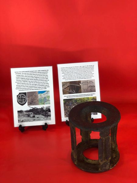German 15cm shell projectile cover maker marked for SFH 18 howitzer recovered from German ammunition storage bunker used by 11th SS Panzergrenadier Division Nordland-the 1944 Narva Battle in Estonia, untouched until recovered in 2022+dig pictures