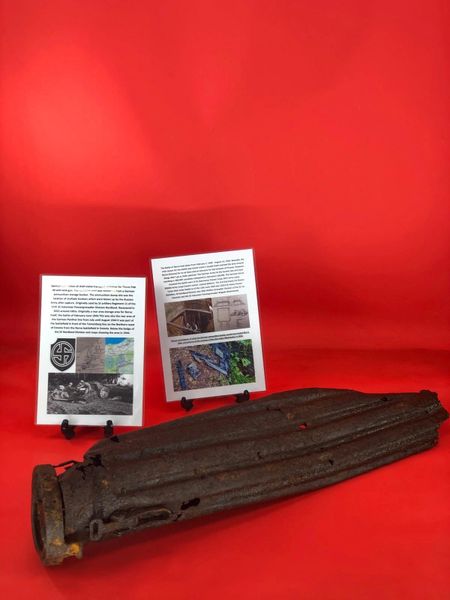 German top section of shell metal transport container with lid dated 1942 for 75mm pak 40 gun recovered from German ammunition storage bunker used by SS Nordland Division-the 1944 Narva Battle in Estonia, untouched until recovered in 2022+dig pictures