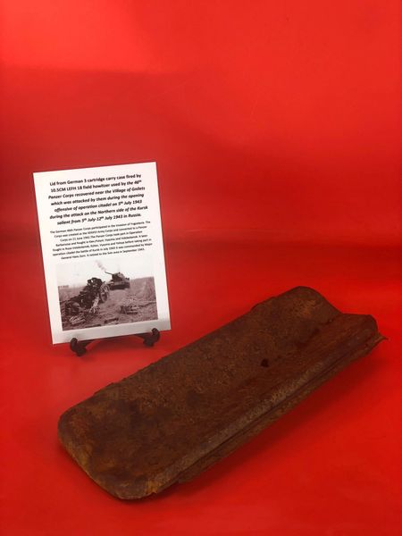 Lid from German 3 cartridge carry case for 10.5cm LEFH 18 field howitzer with paintwork remains used by 46th Panzer Corps as it was recovered near the Village of Gnilets operation citadel on 5th July 1943 during the attack on Northern side, Kursk salient