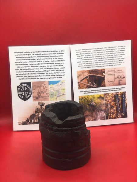 German 10.5cm high explosive projectile remains fired by SK/32 naval anti-aircraft gun, recovered from ammunition storage bunker used by 11th SS Panzergrenadier Division Nordland-the 1944 Narva,Estonia, untouched until recovered in 2022+dig pictures
