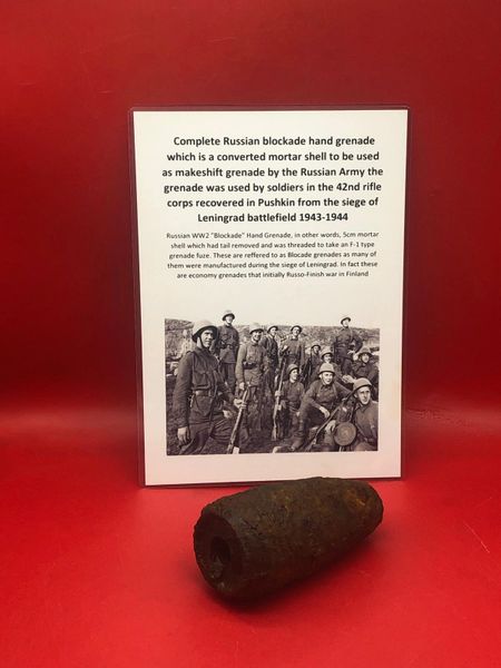 Complete empty Russian blockade hand grenade still with black paintwork remains used by soldiers in the 42nd rifle corps recovered in Pushkin from the siege of Leningrad battlefield 1943-1944