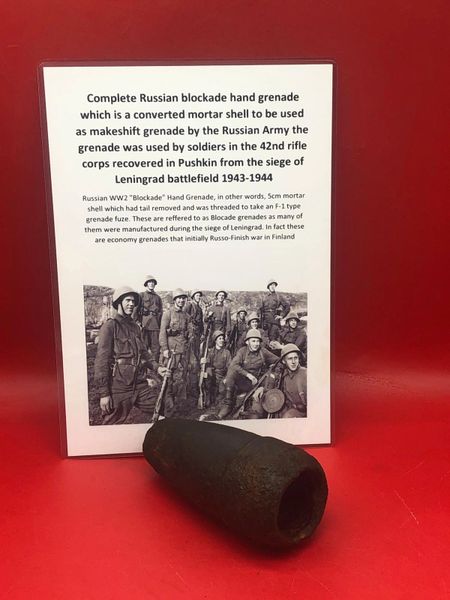 Complete empty Russian blockade hand grenade still with lots of black paintwork remains used by soldiers in the 42nd rifle corps recovered in Pushkin from the siege of Leningrad battlefield 1943-1944