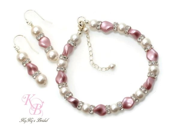 pearlescent necklace and earring set bridesmaid gift Pink necklace and earring set wedding jewelry bridesmaid jewelry set