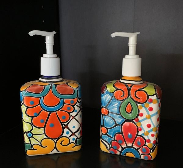 Talavera Ceramic Soap & Lotion Dispenser, for Kitchen or Bathroom Countertops - Hand Painted Mexican Pottery (Multicolor) New