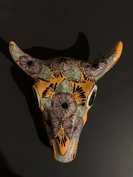 Authentic Hand-Painted Talavera Cow Skull Wall Planter 24351 | Gallery  Ethnica/Tres Gatos