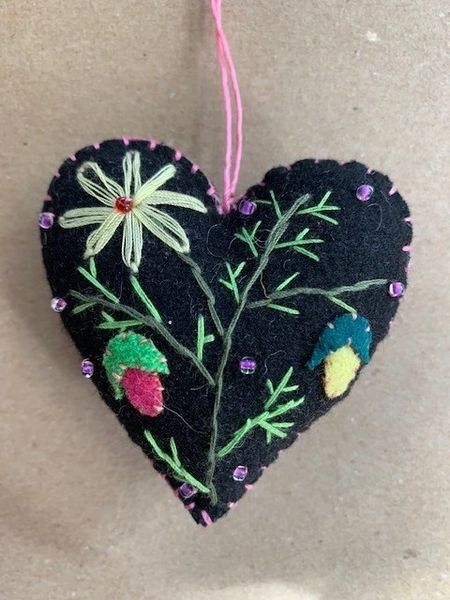 Hand-Crafted Appliqued Beaded Embroidered Felt Flowers and Berries Ornament  26956