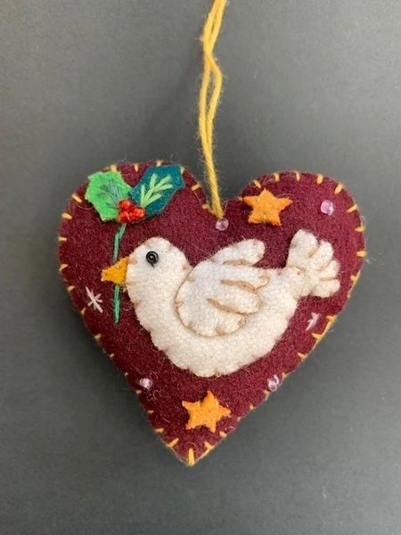 Set of 6 Handmade Felt Heart Ornaments with Doves - Love Doves