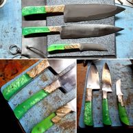 A high carbon kitchen knife set made from 26c3 steel and Acrylic/Wood hybrid Scales. 