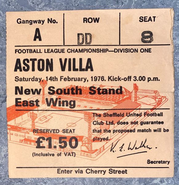 1975/76 original DIVISION ONE ticket SHEFFIELD UNITED V ASTON VILLA
